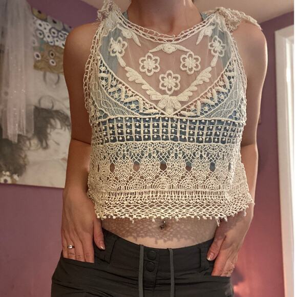 Poof! Tops - Vintage Y2K Festival Sheer Lace crochet boho crop Tank Top top 70s style Boho